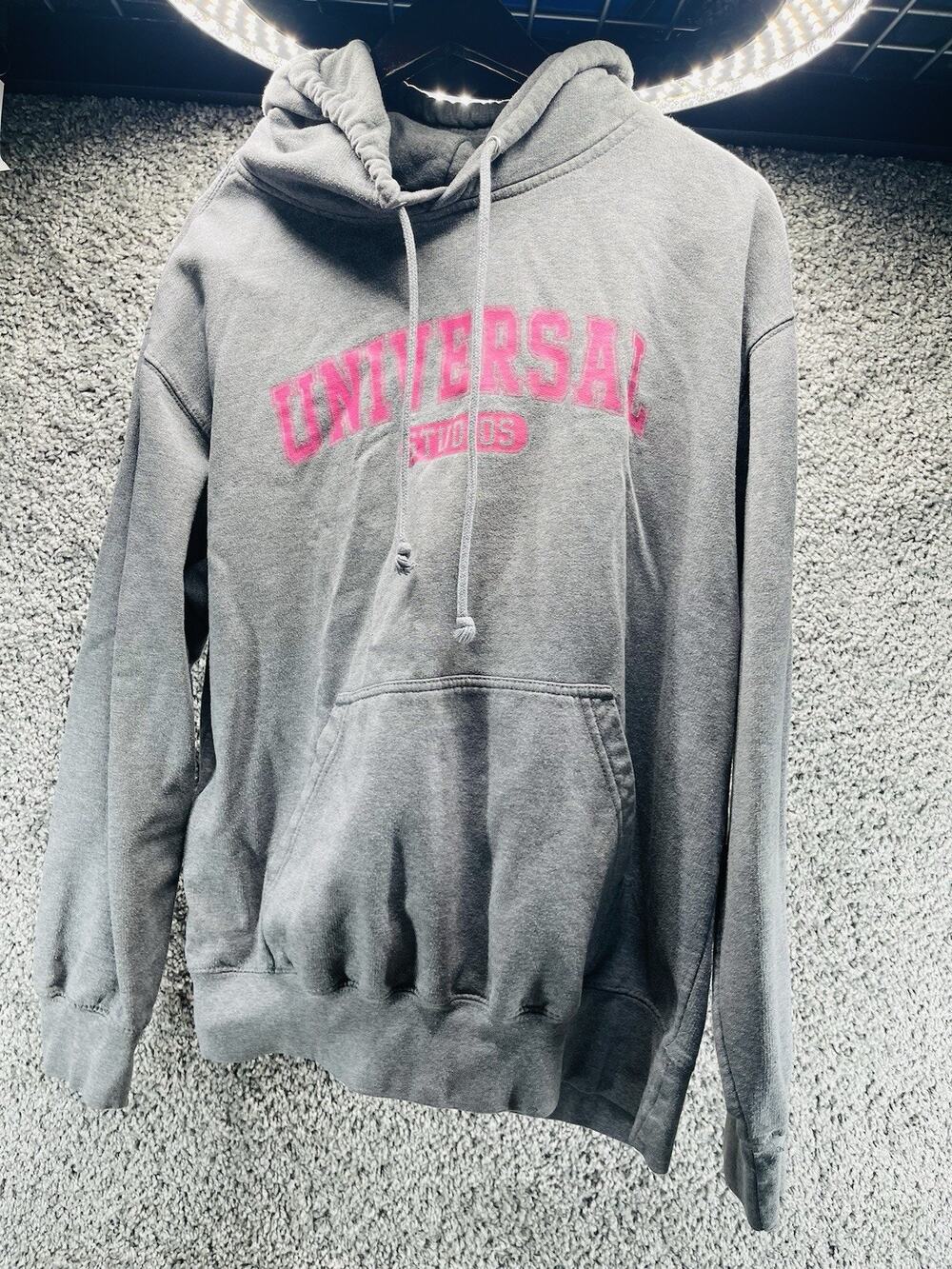 Women’s Gray Pink Universal Studios Hoodie With Pocket Sweater Size Large Warm